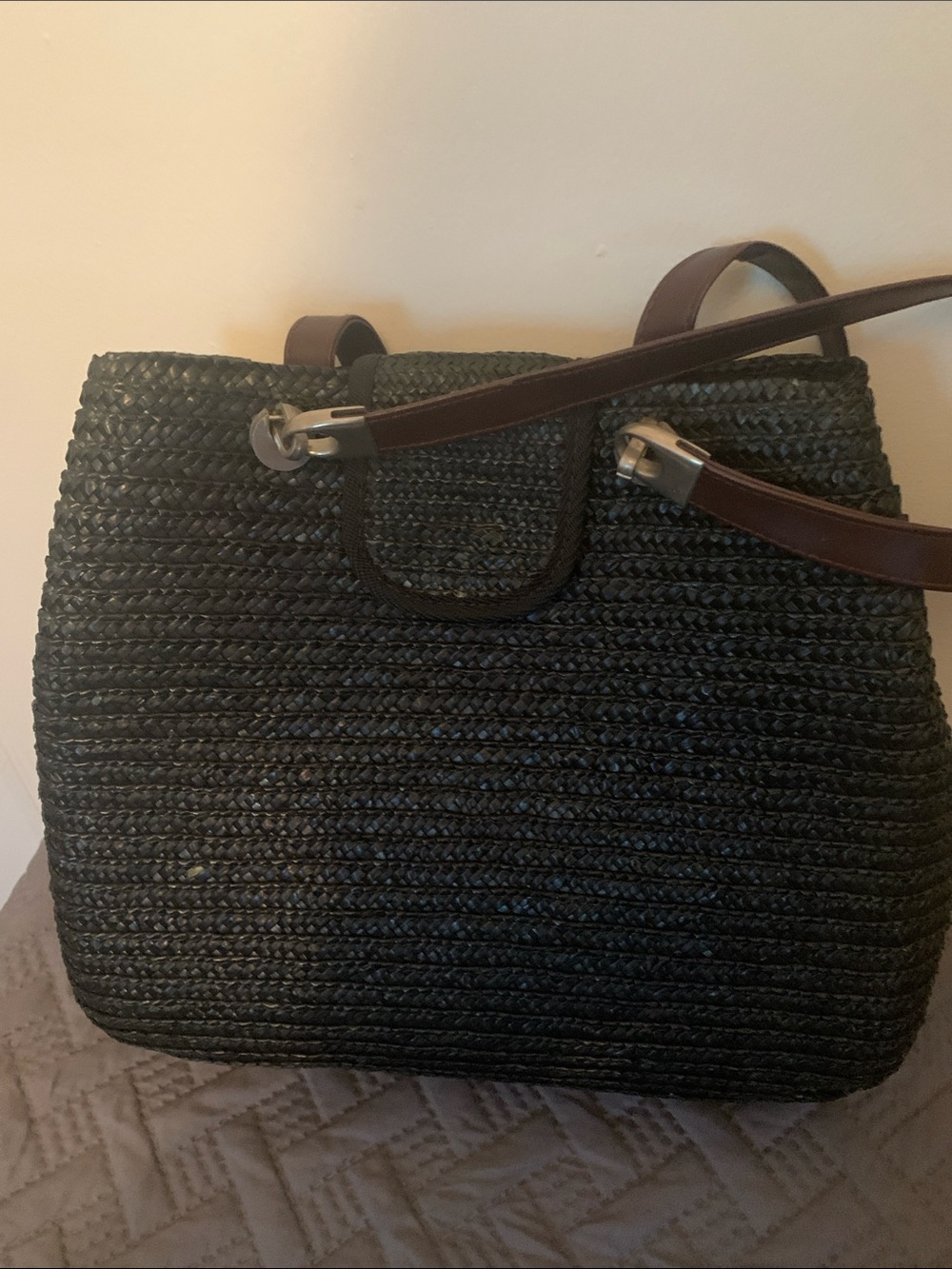 Woven Straw Tote Bag with Brown Leather Straps - Black